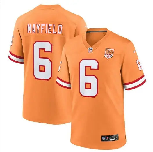 Orange football jersey with Mayfield and number 6 in white for Tampa Bay Buccaneers