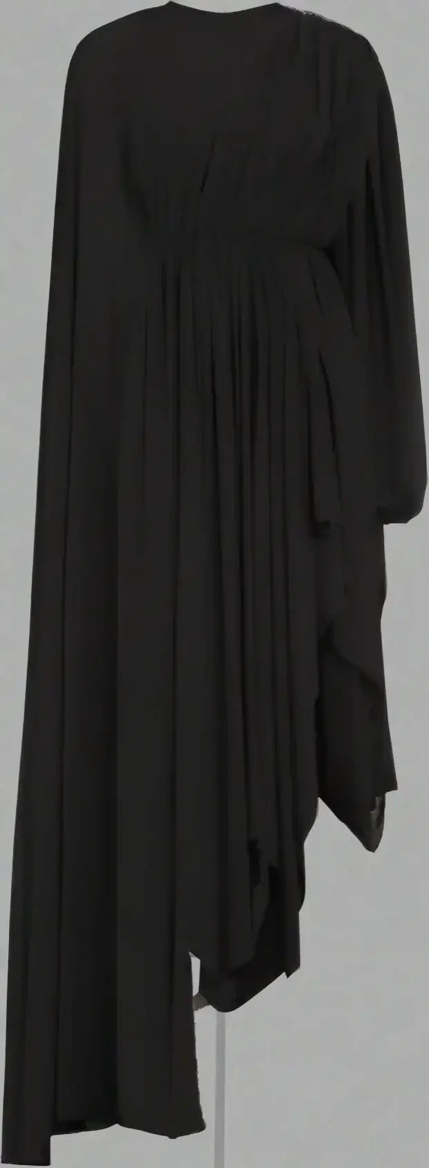 Balenciaga black crepe dress with asymmetric hem, midi-length, draped design, long sleeves