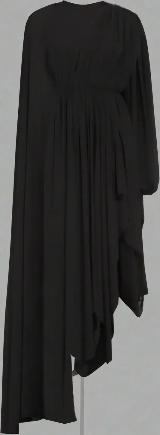 Balenciaga black crepe dress with asymmetric hem, midi-length, draped design, long sleeves