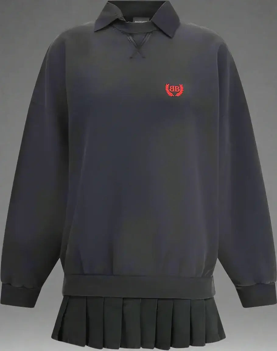 Dark gray long-sleeve polo shirt with pleated mini skirt as part of Balenciaga sweatshirt dress