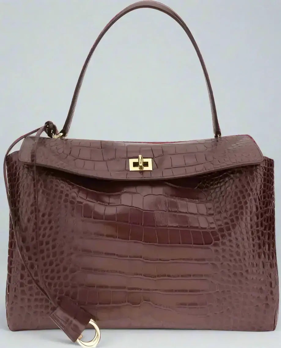 Dark brown Croc print leather Rodeo Medium Handbag with top handle and gold-tone hardware
