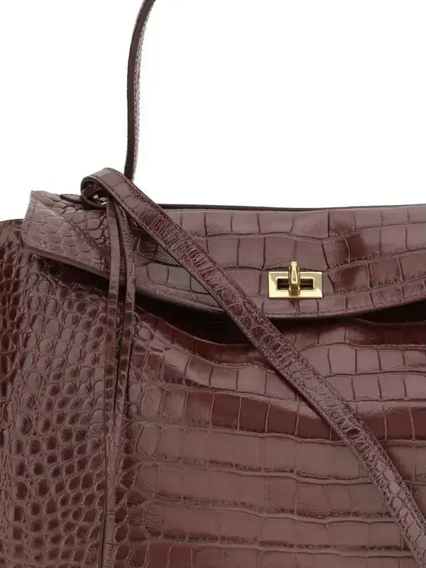 Brown Croc print leather BALENCIAGA Rodeo Medium Handbag with gold-tone turn-lock closure