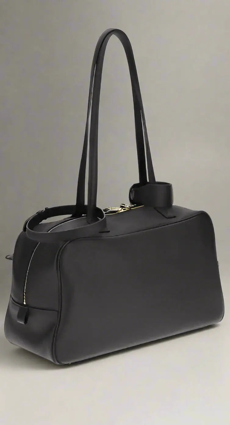 Black leather Balenciaga Carrie Medium Bowling Shoulder Bag with two top handles