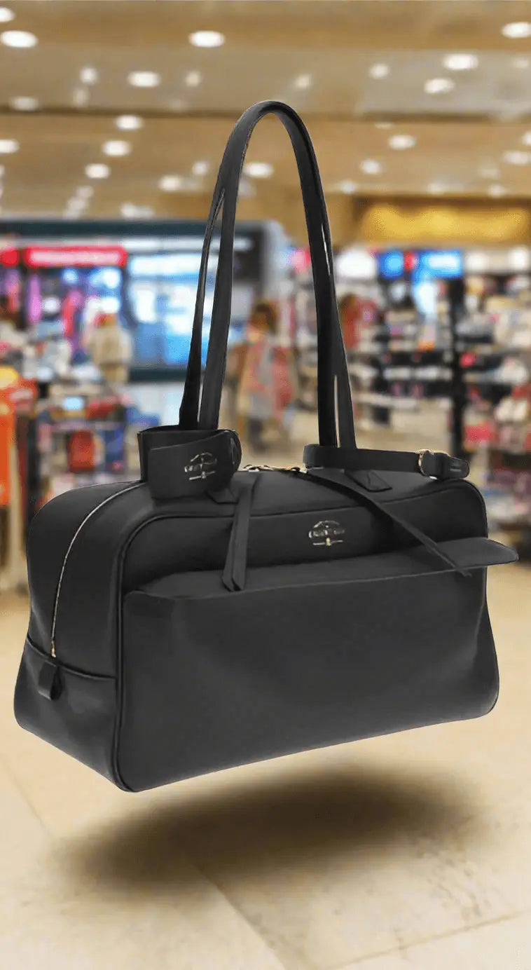 Black leather Carries Medium Bowling Shoulder Bag with shoulder straps for stylish carry