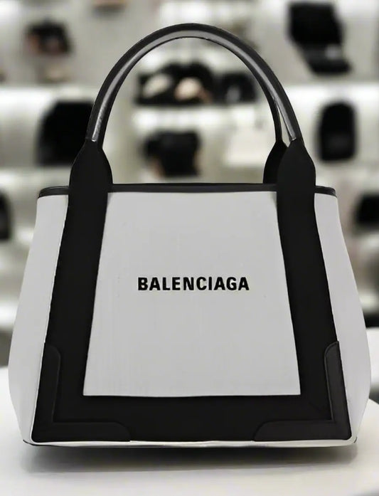 White and black Balenciaga cotton handbag with shoulder strap and top handles