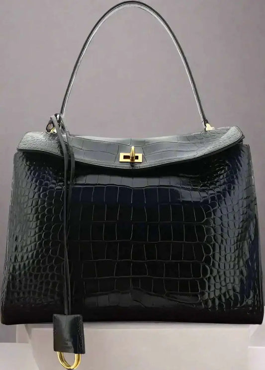 Black Crocodile Effect Leather Balenciaga Rodeo Midnight Blue Medium Handbag