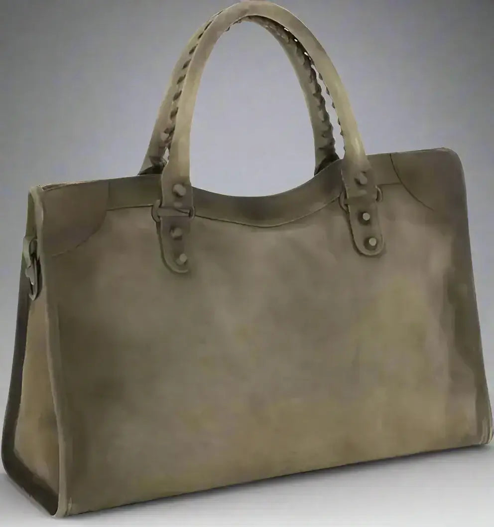 Greige leather tote bag with braided handles and studded details, BALENCIAGA city medium handbag