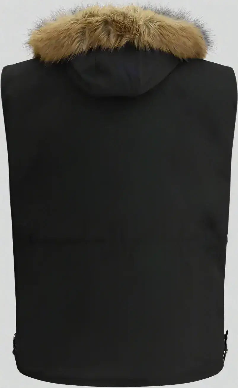Black sleeveless BALENCIAGA women’s reversible down vest with fur-lined hood