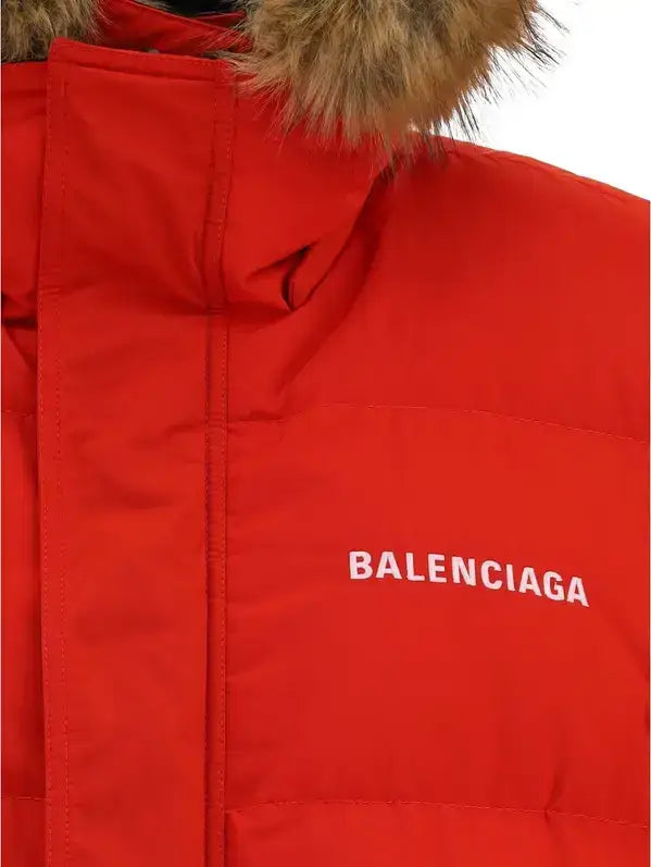 Red down-filled puffer coat with fur-trimmed hood from BALENCIAGA women’s Reversible Down Vest