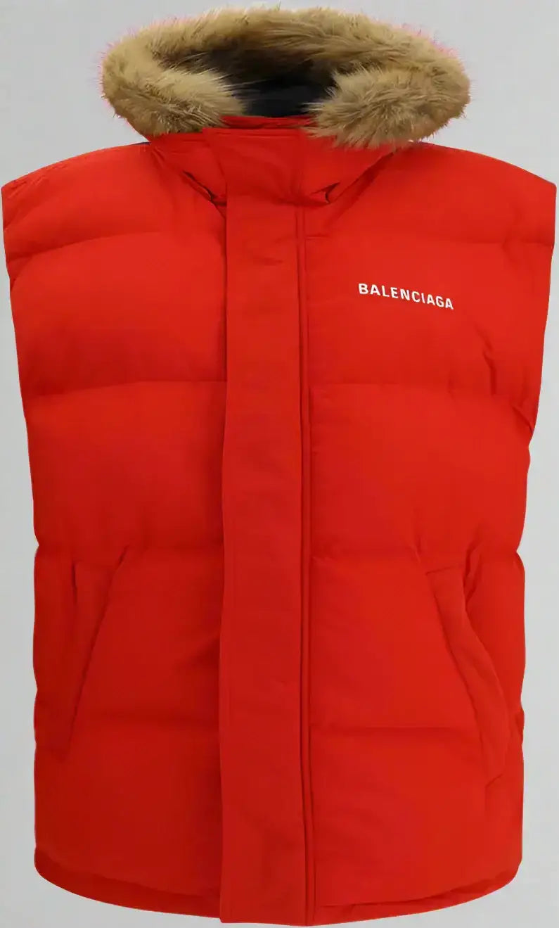 Red sleeveless puffer vest with fur-trimmed hood from BALENCIAGA women’s Reversible Down Vest