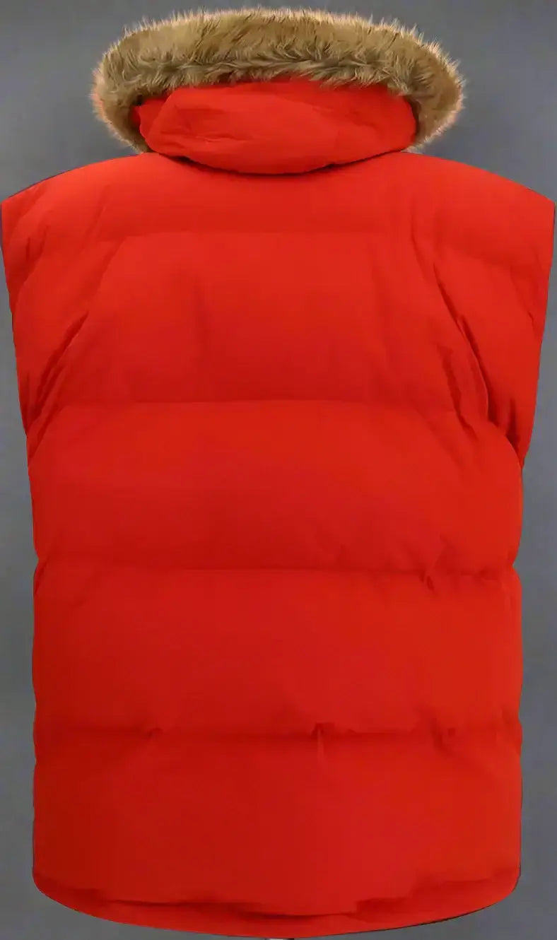 Red sleeveless puffer vest with fur-lined hood from BALENCIAGA women’s Reversible Down Vest