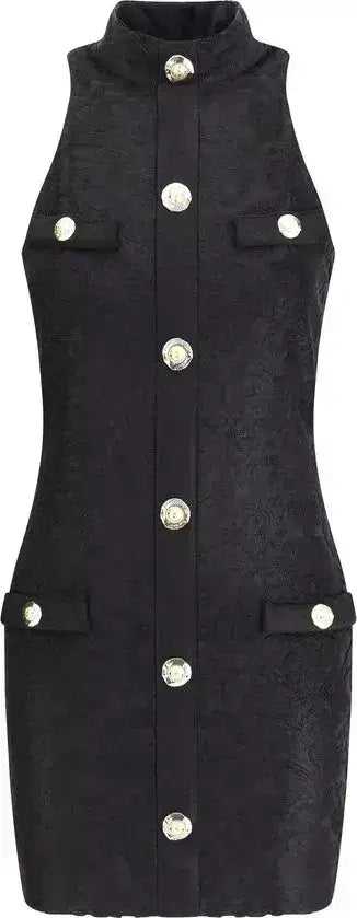 Black sleeveless Baroque short dress with high collar and silver buttons at BALMAIN