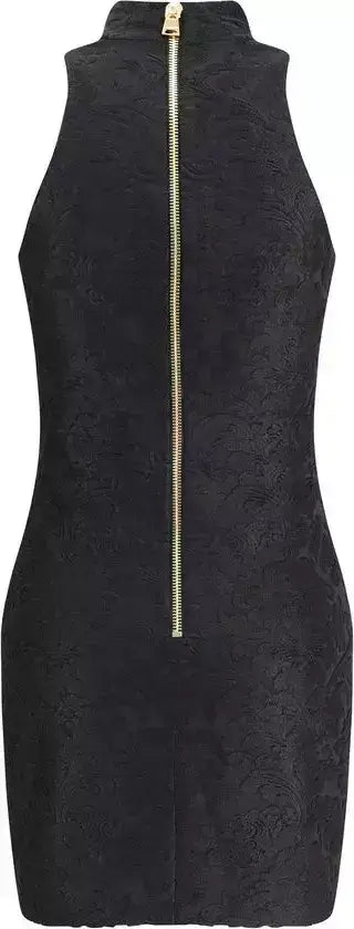 Black sleeveless baroque short dress with full-length gold zipper back at BALMAIN
