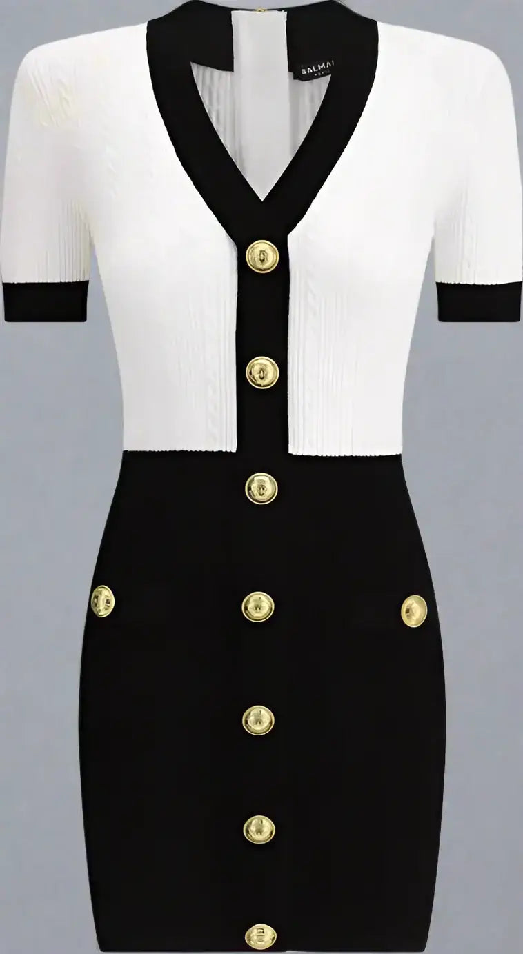 Black and white braided pattern midi dress with V-neck and gold button details