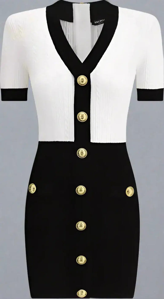 Black and white braided pattern midi dress with V-neck and gold button details