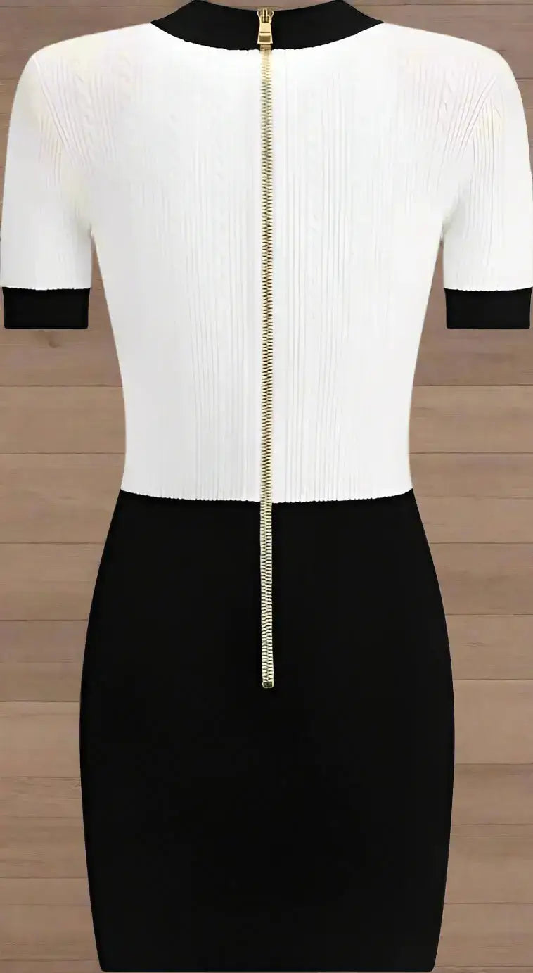 Black and white braided pattern midi dress with short sleeves and full-length gold zipper