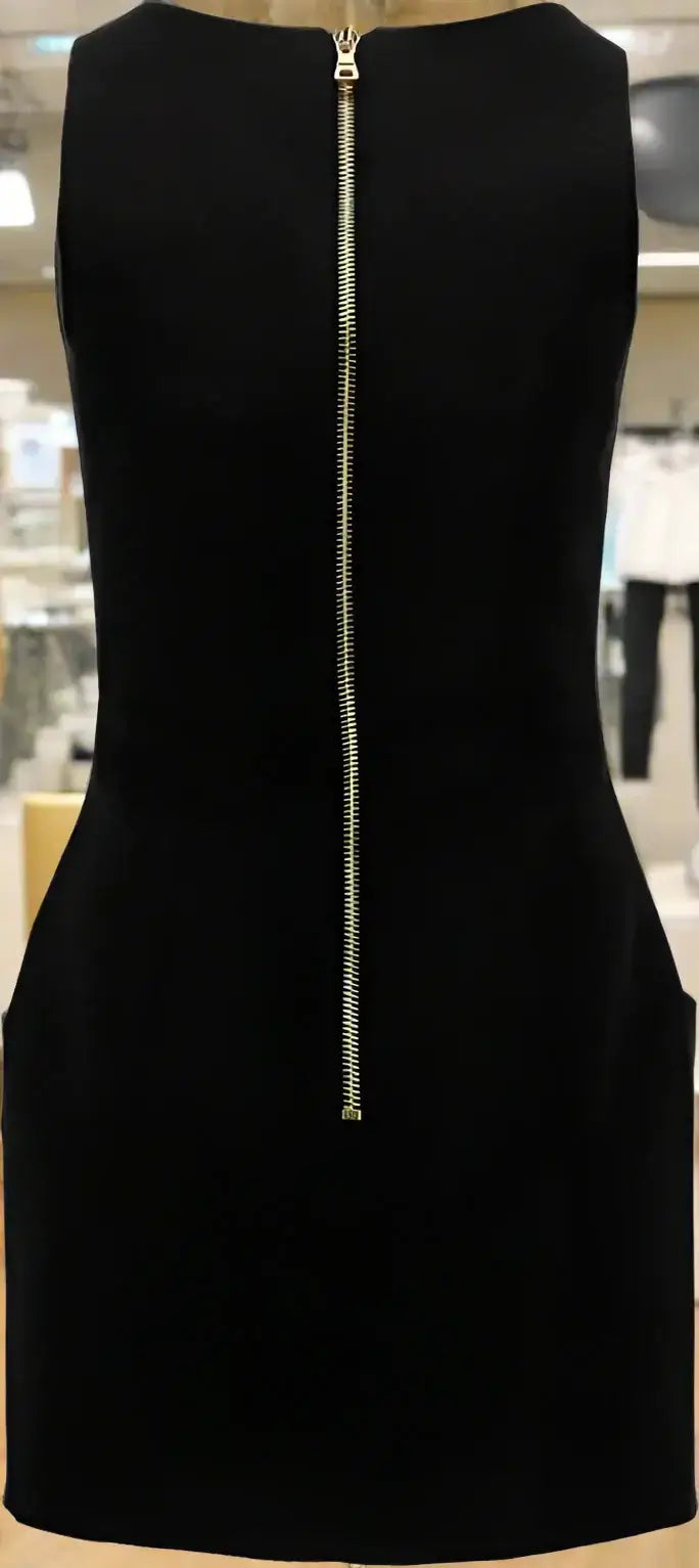 Balmain Black Wool sleeveless dress with full-length gold zipper back and black wool button