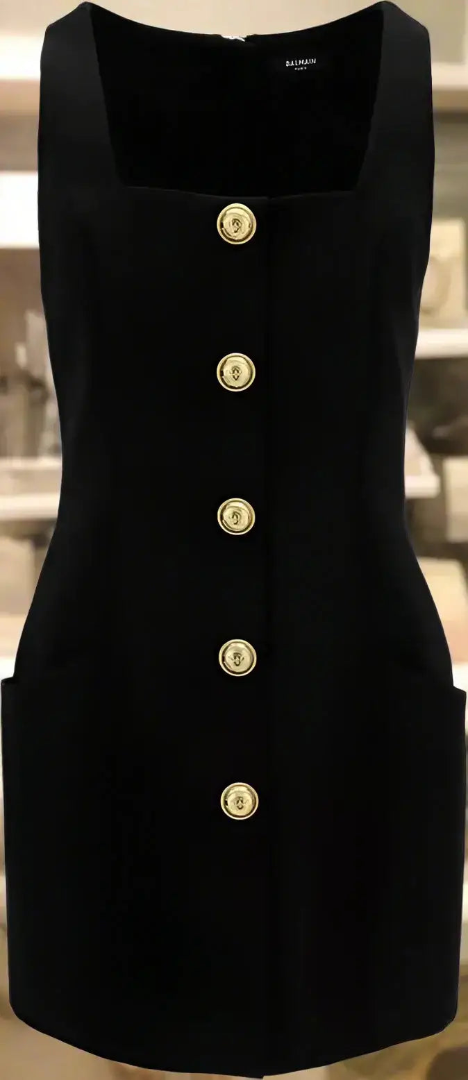 Black wool sleeveless mini dress with gold buttons and square neckline by Balmain