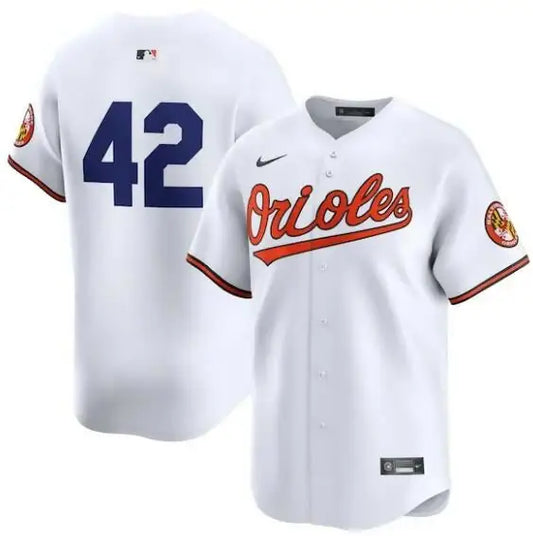 White Baltimore Orioles Nike 2024 Jackie Robinson Day limited home jersey displayed