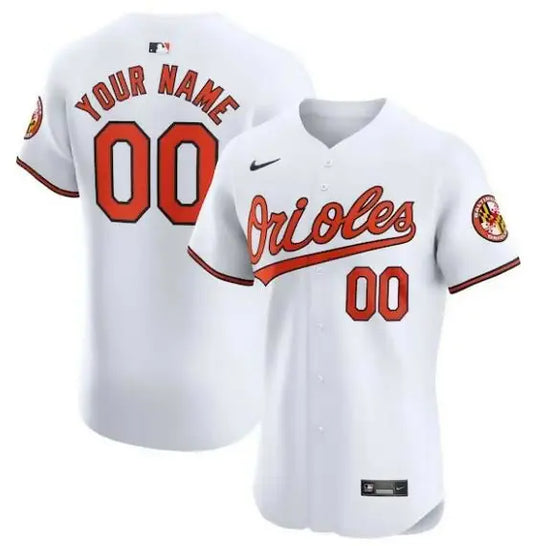 White Baltimore Orioles Nike Home Elite Custom Baseball Jersey displayed on a product page