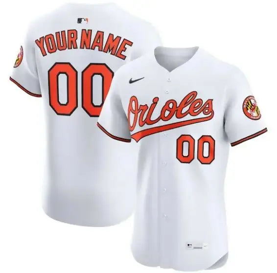 White Baltimore Orioles Nike Home Elite Custom Baseball Jersey on display