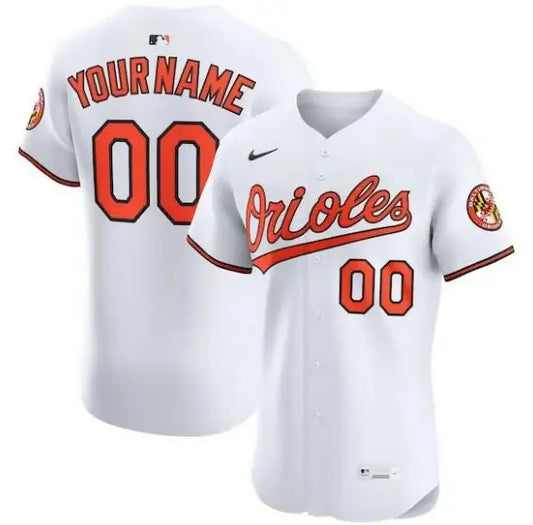 White Baltimore Orioles Nike Home Elite Custom Baseball Jersey on display
