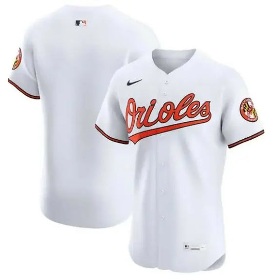 White Baltimore Orioles Nike Home Elite Baseball Jersey displayed flat on a white background