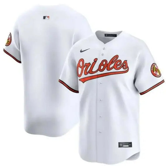White Baltimore Orioles Nike Home Limited Baseball Jersey displayed for sale