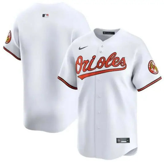White Baltimore Orioles Nike limited home replica baseball jersey on display