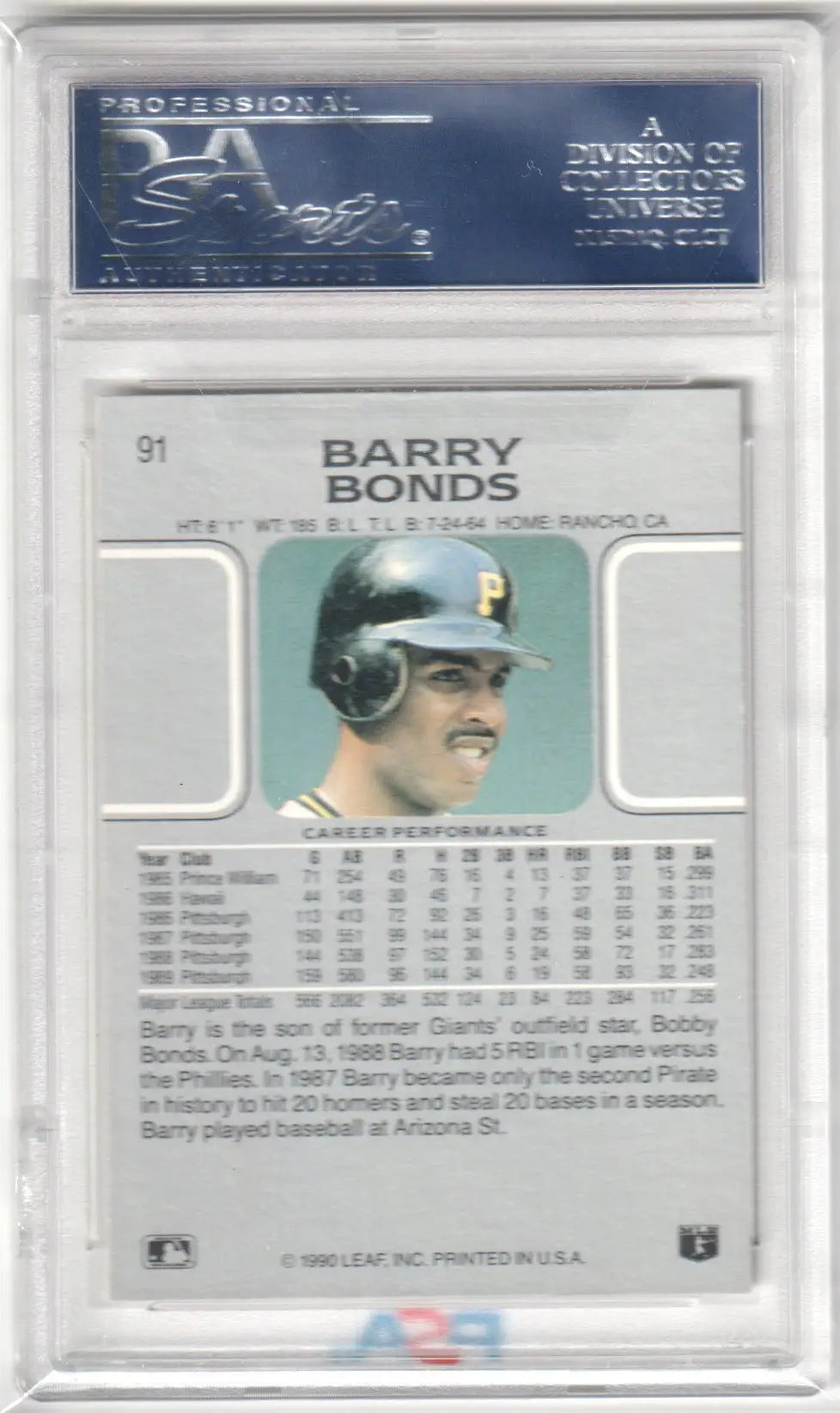 Barry Bonds baseball card from 1990 Leaf #91 PSA 10 GEM MINT by Columbia Hobby