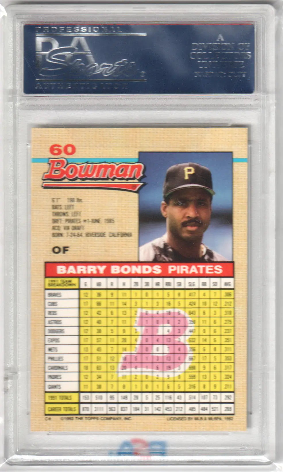 Graded Barry Bonds baseball card from Bowman Barry Bonds 1992 PSA 10 GEM MINT by Columbia Hobby
