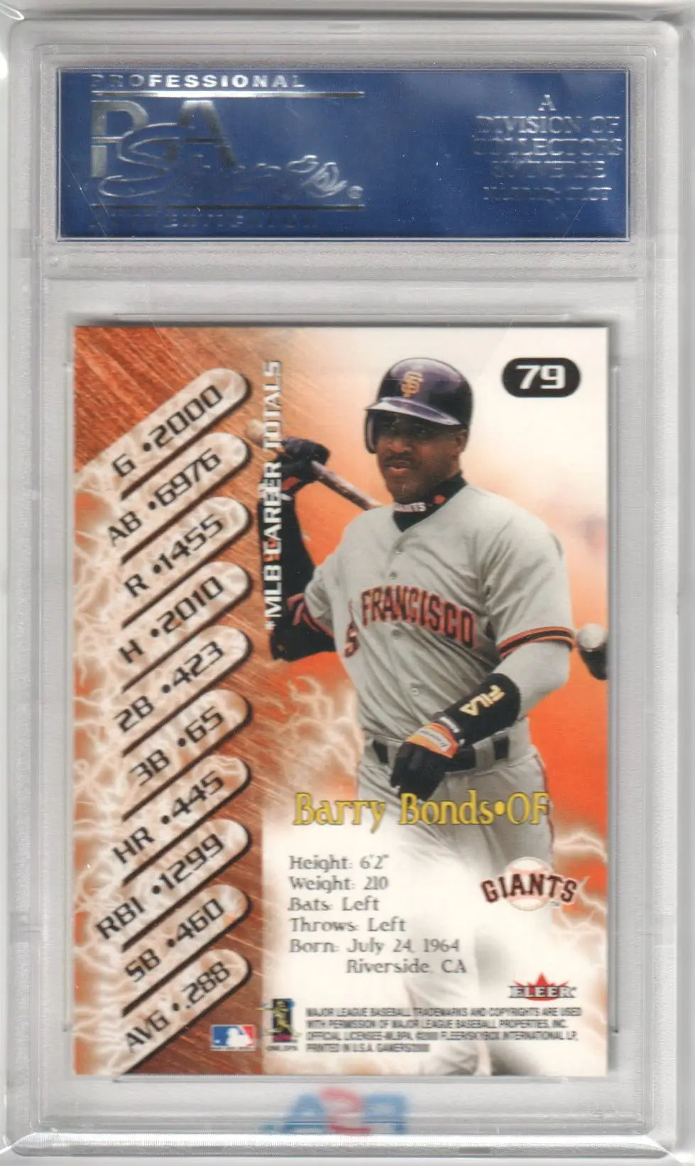 Barry Bonds baseball card from Fleer Gamers 2000, Gem Mint PSA 10, Columbia Hobby