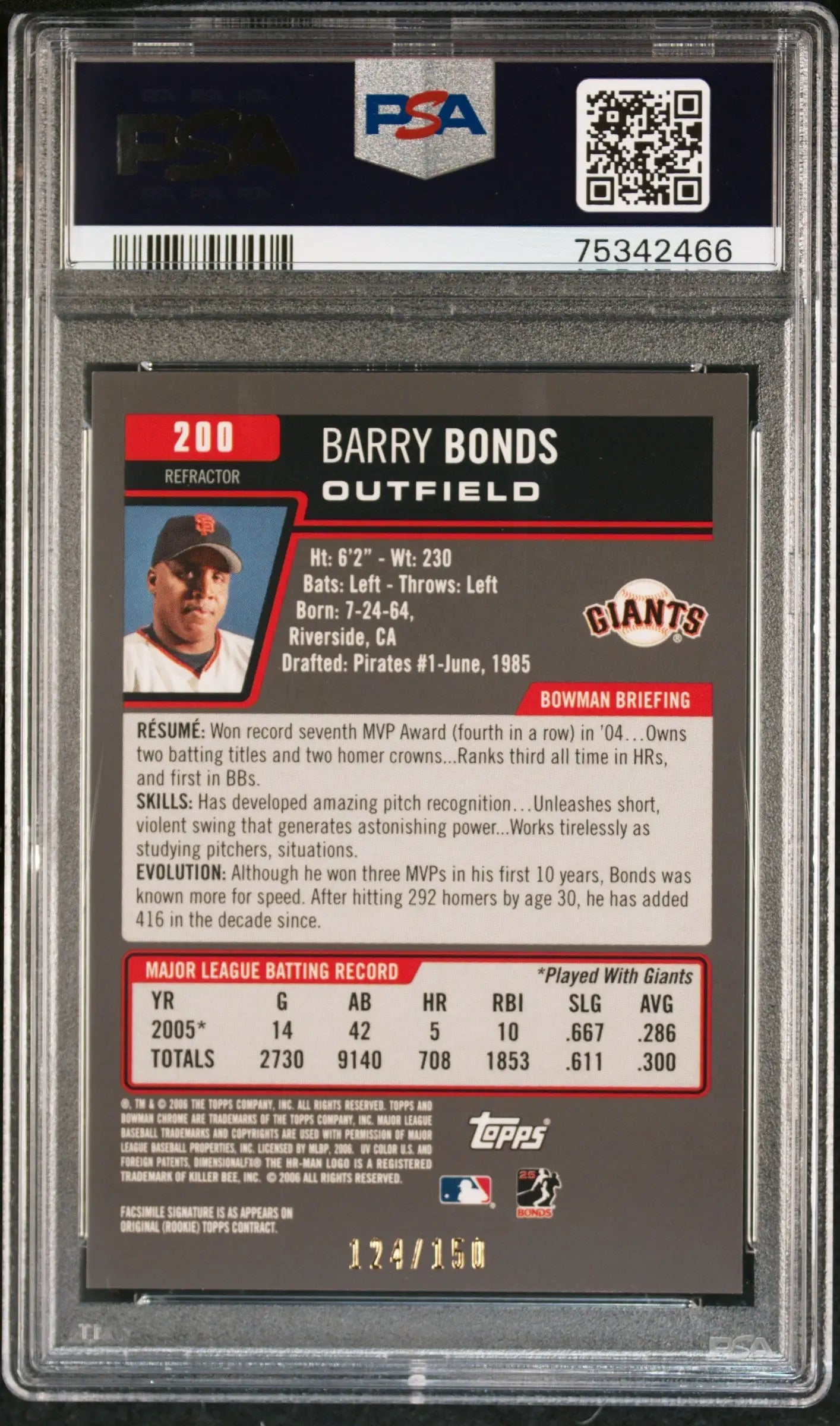 Graded Barry Bonds baseball card Blue Refractor PSA 9 Bowman Chrome Columbia Hobby