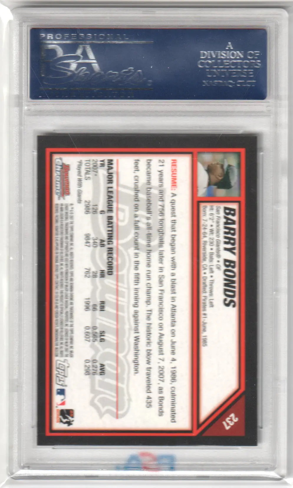 Barry Bonds baseball card from Bowman Chrome Draft 2007 Columbia Hobby PSA 10