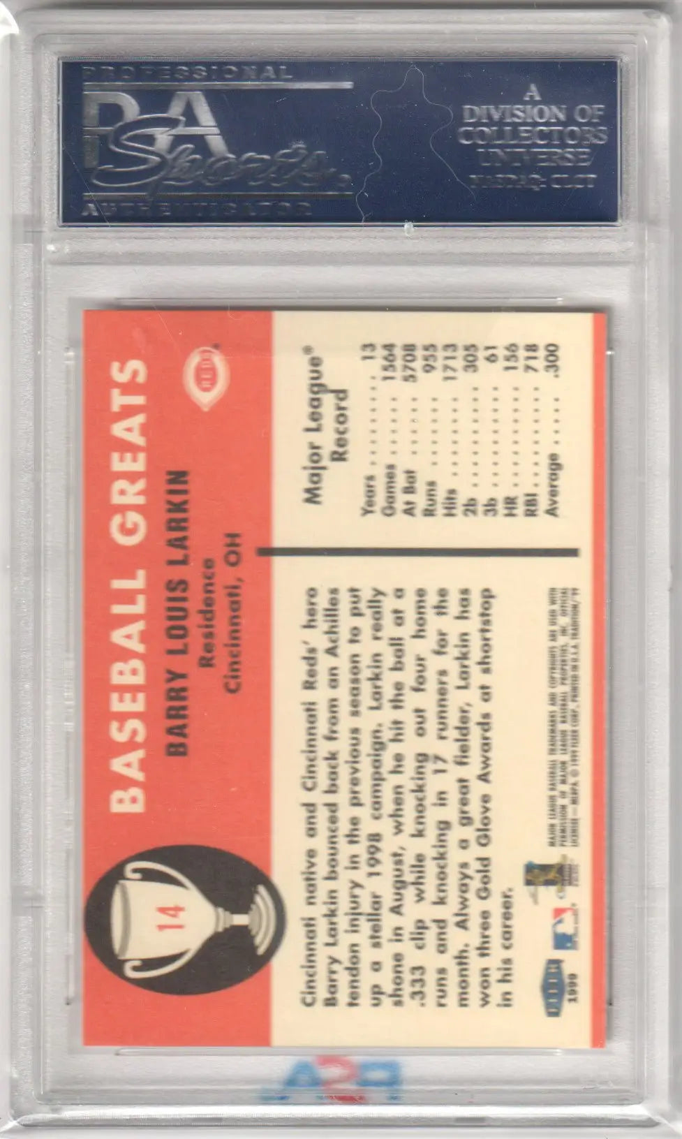 Barry Larkin Fleer Vintage baseball card from Columbia Hobby in PSA 10 GEM MINT