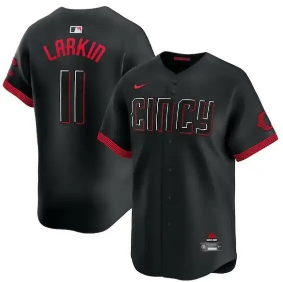 Black Cincinnati Reds Barry Larkin Nike City Connect Limited Player Jersey on display