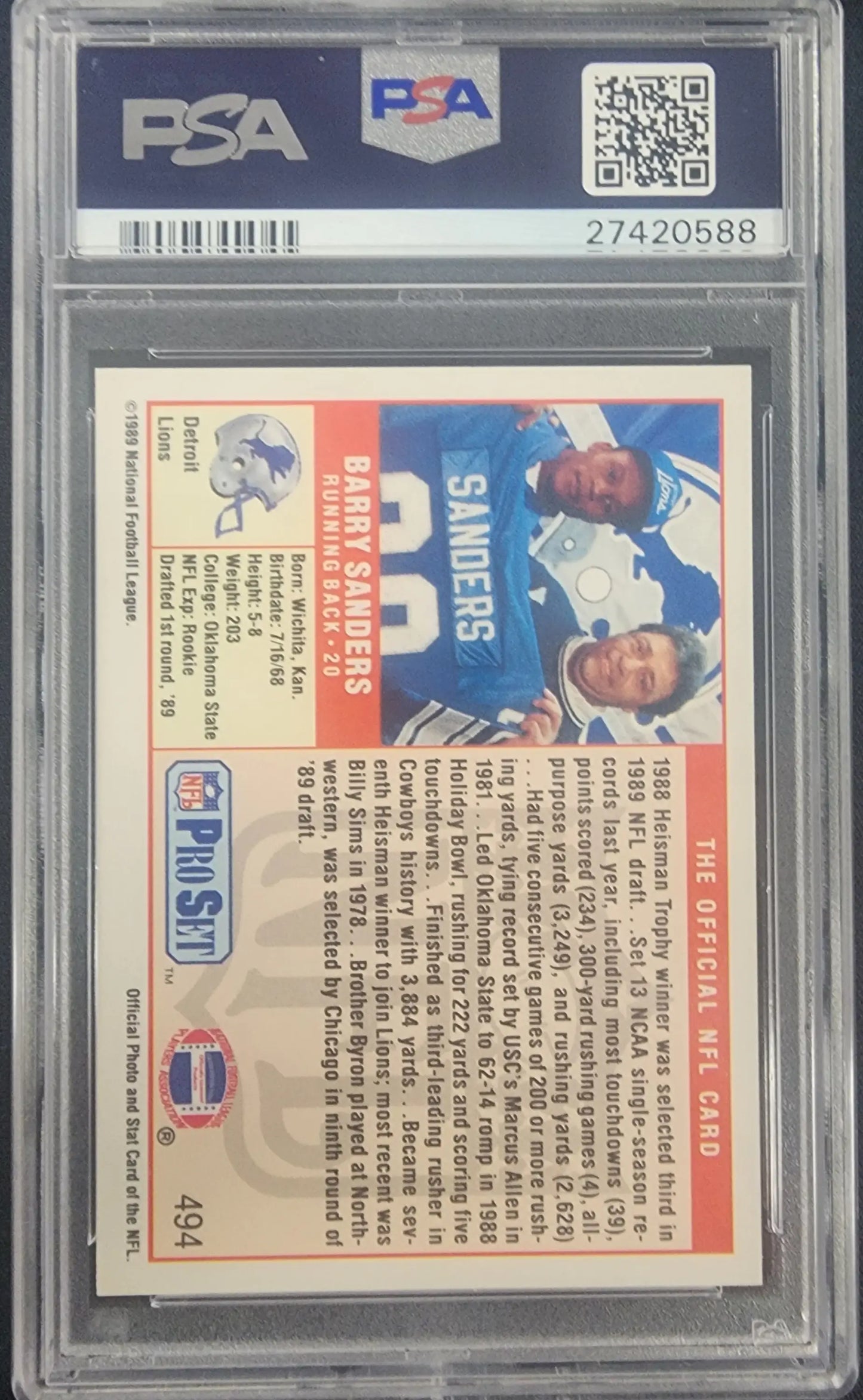Barry Sanders 1989 Pro Set RC PSA 10 Gem Mint card in protective case with QR code