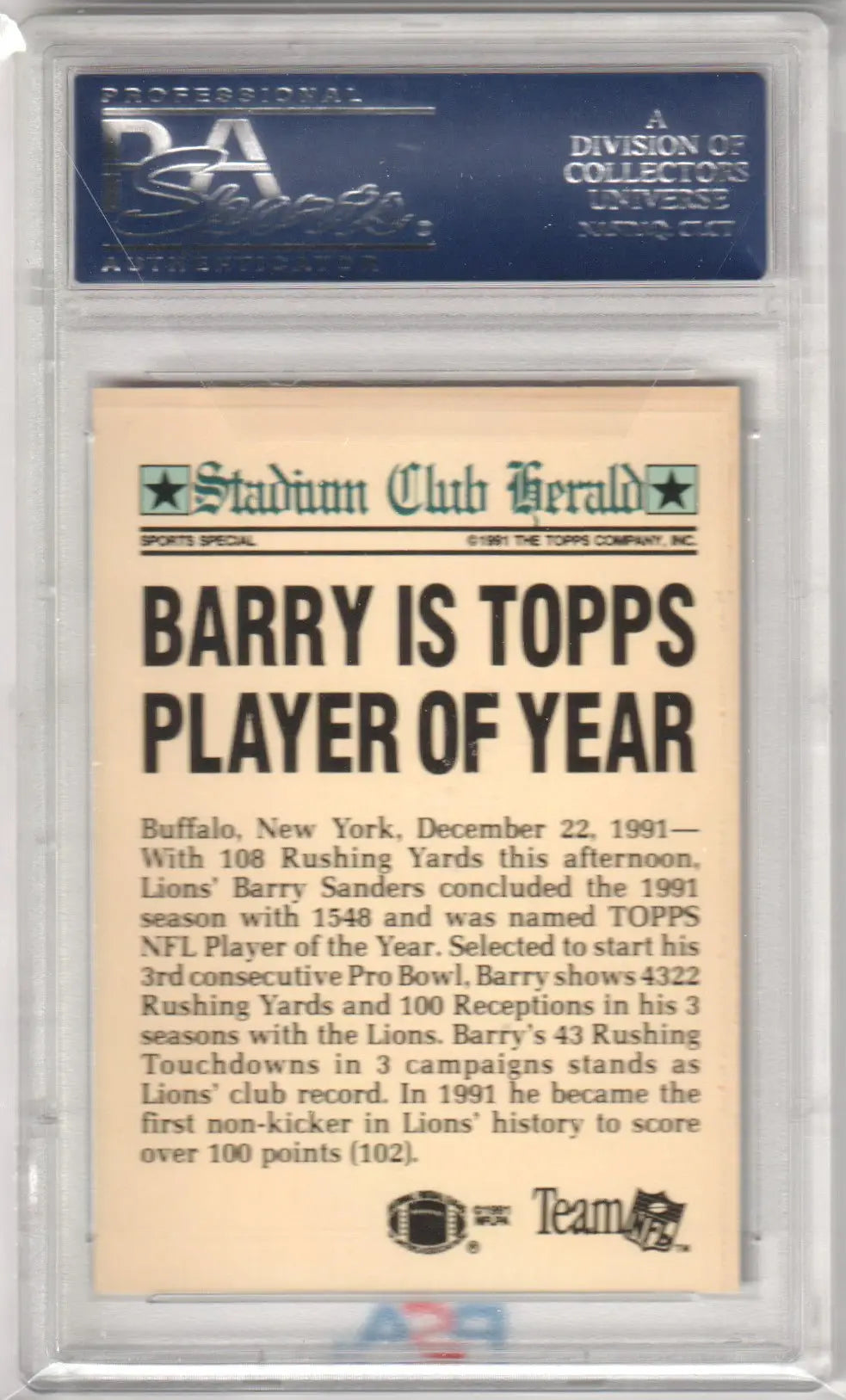 Graded Barry Sanders Football Card from Topps Stadium Club Lions Columbia Hobby PSA 10