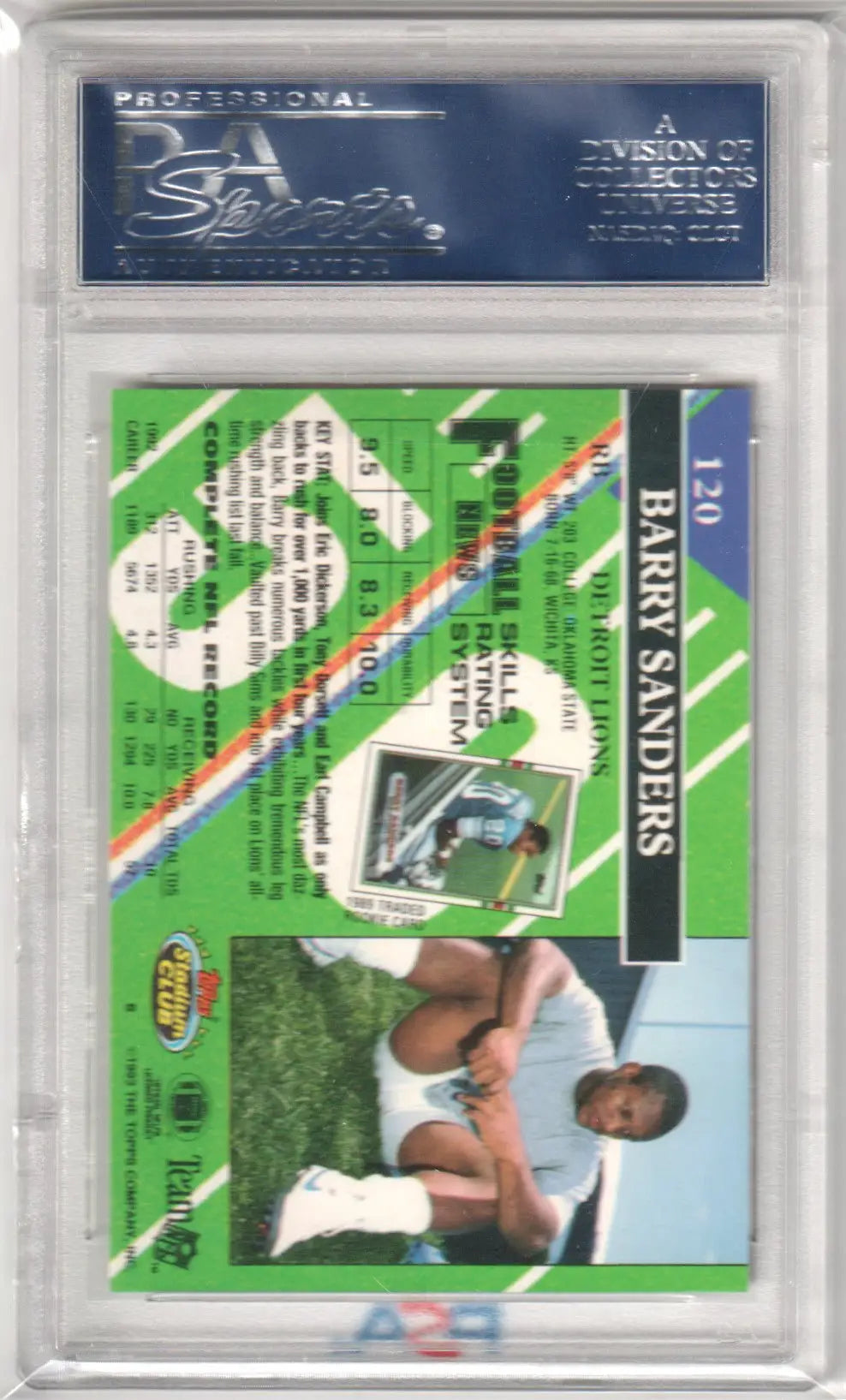 Barry Sanders football card from Topps Stadium Club, graded PSA 10 GEM MINT by Columbia Hobby