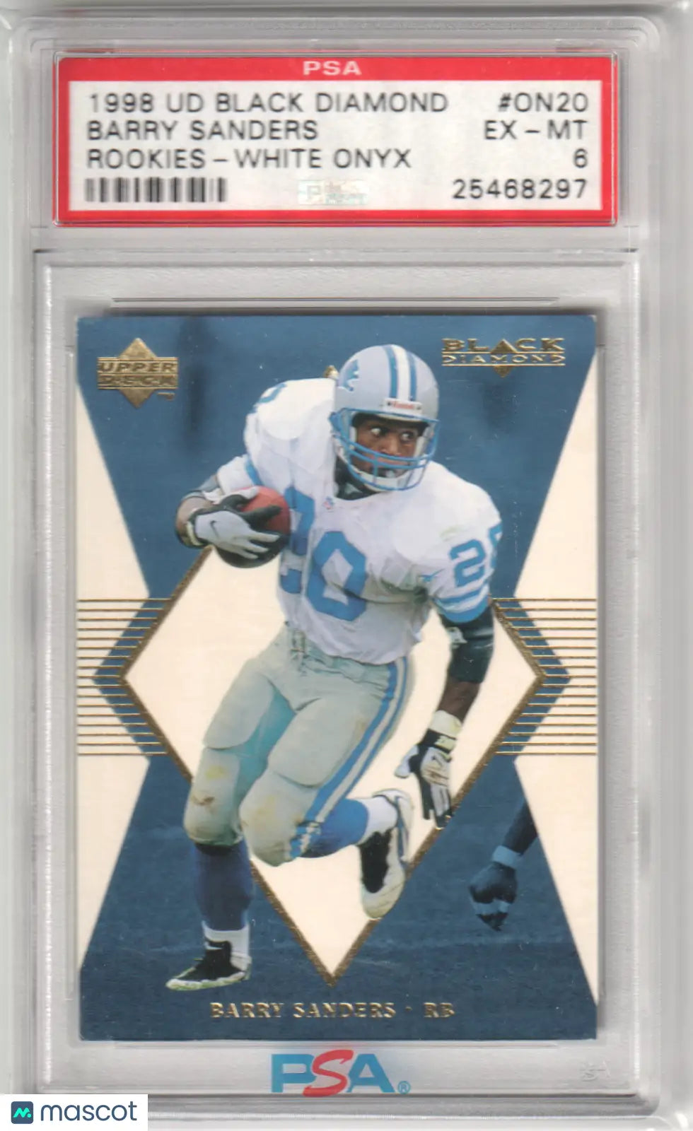 A graded 1998 Upper Deck Black Diamond Barry Sanders rookie card displayed at Columbia Hobby