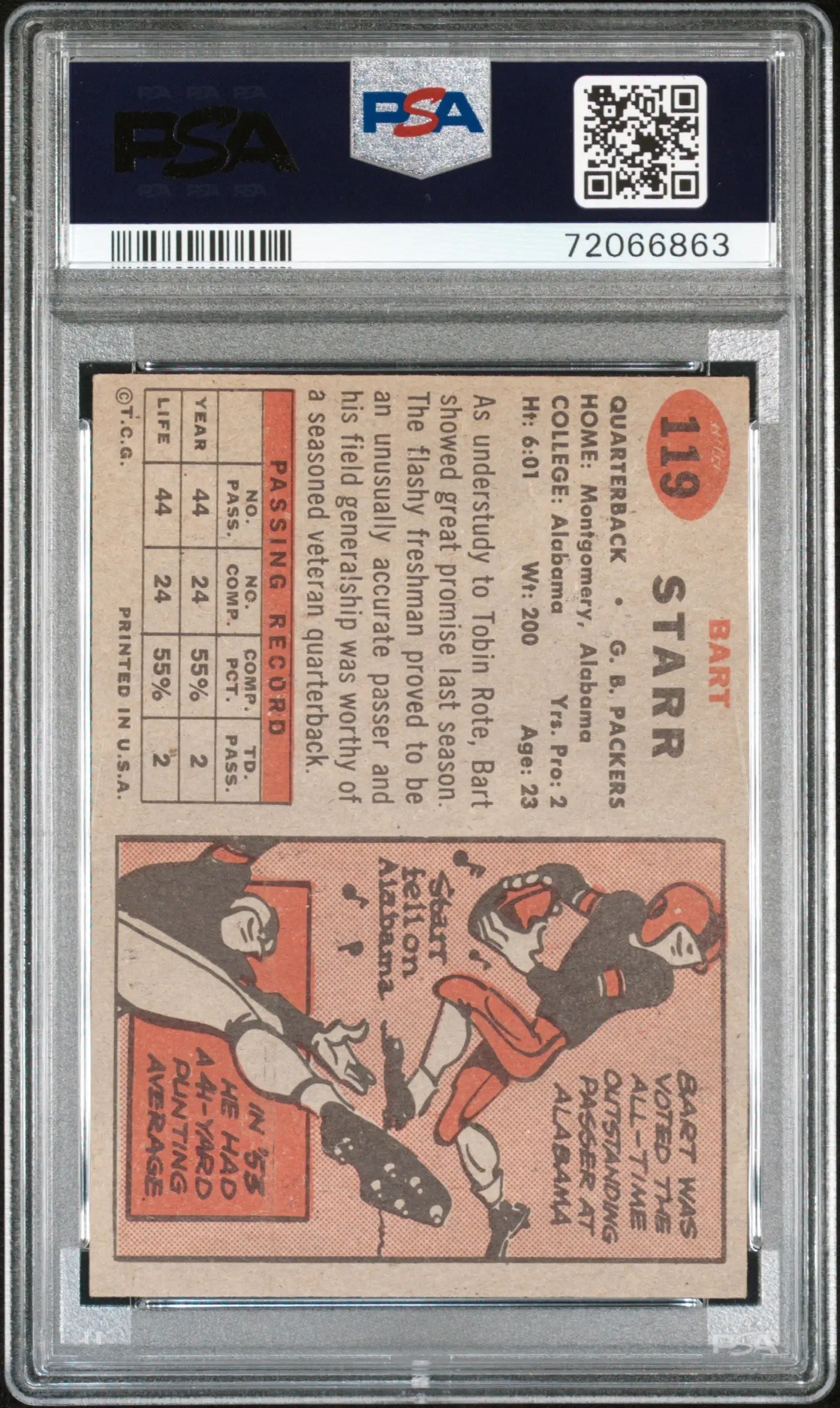 Bart Starr football card from the 1957 Topps series graded PSA 5 Excellent