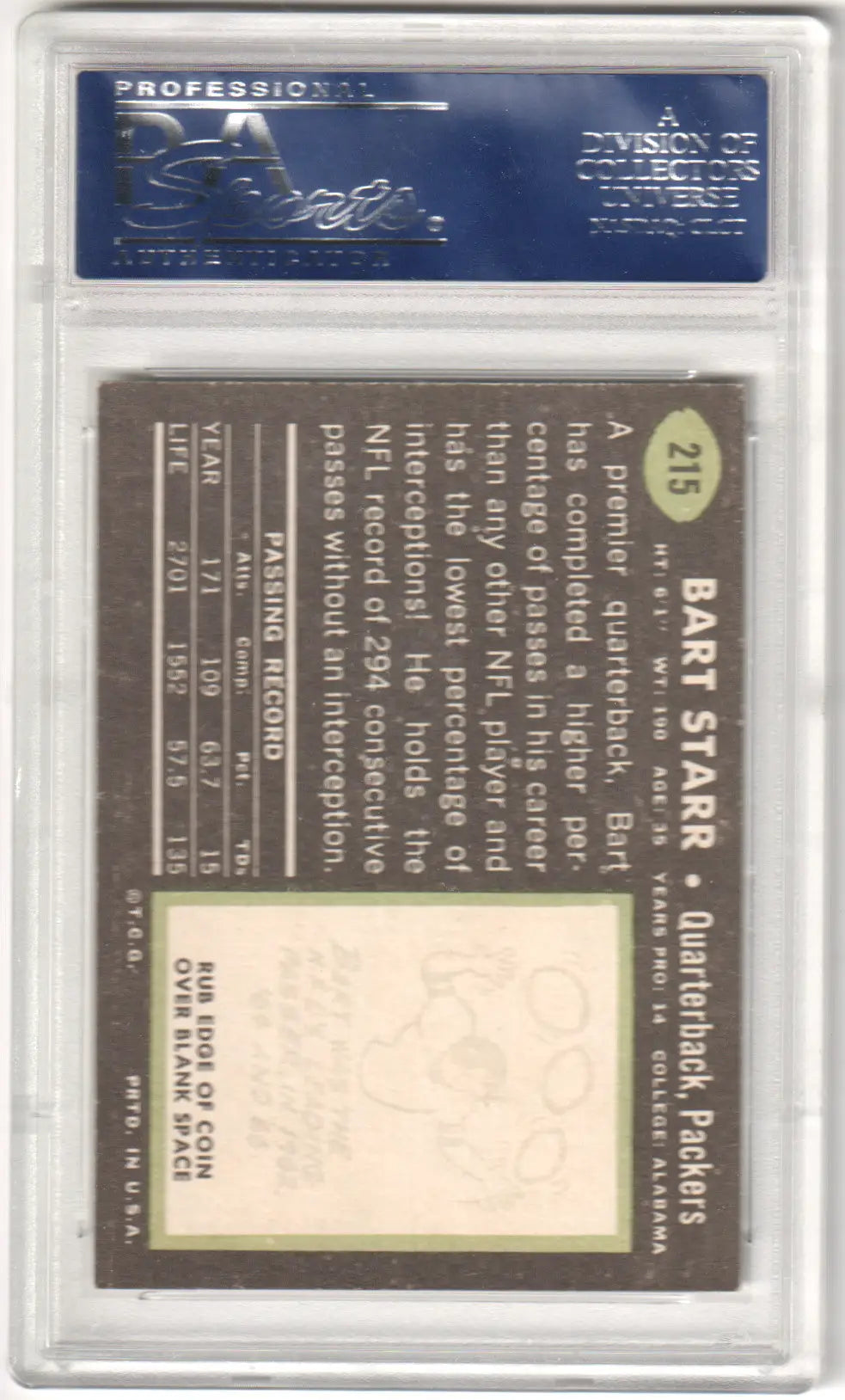 Graded Bart Starr 1970 Topps football card from Columbia Hobby showcasing Packers legend