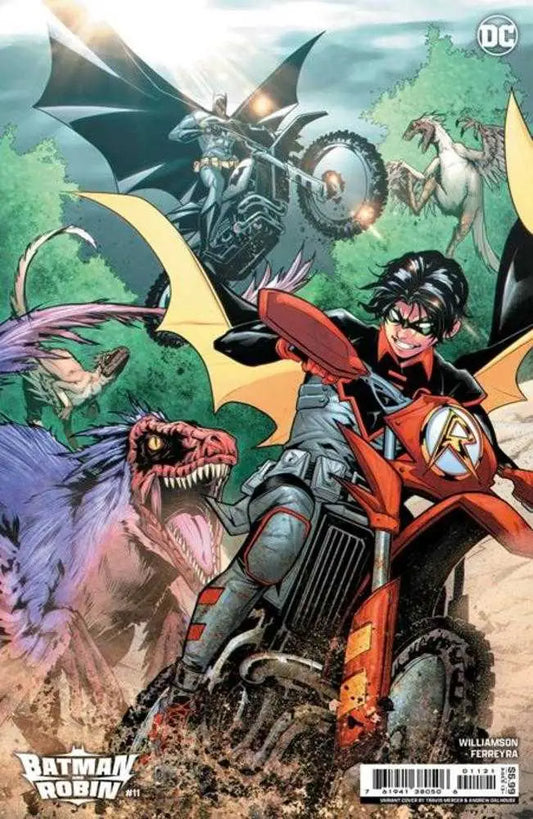 Red motorcycle rider racing with dinosaurs on Batman And Robin #11 trading card variant
