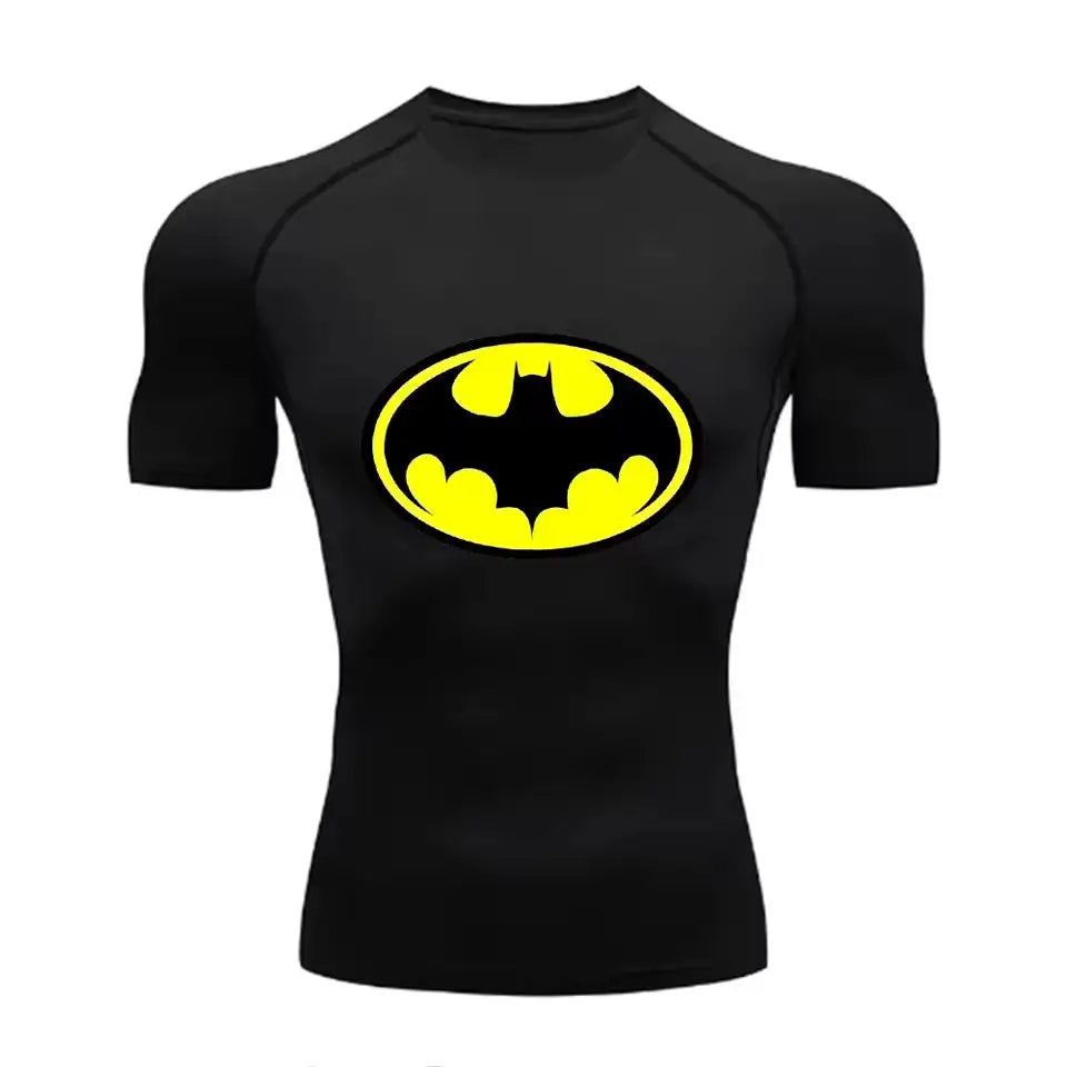 Black Batman compression T shirt with yellow logo, perfect for workouts with free shipping