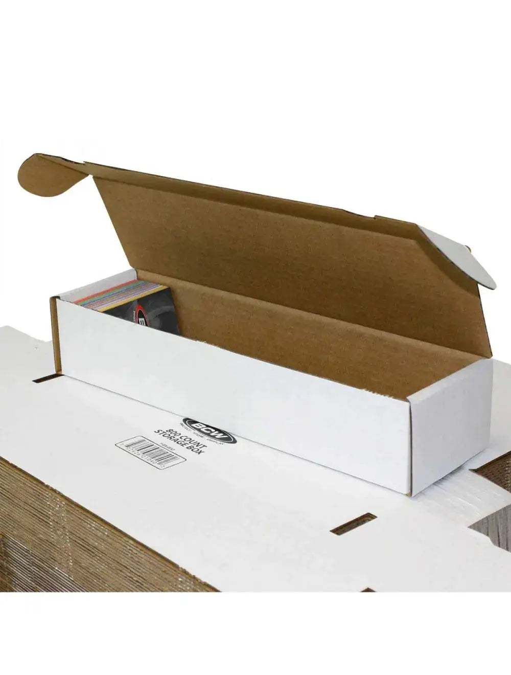 Open white cardboard storage box for baseball, basketball, football, MTG, Pokemon cards