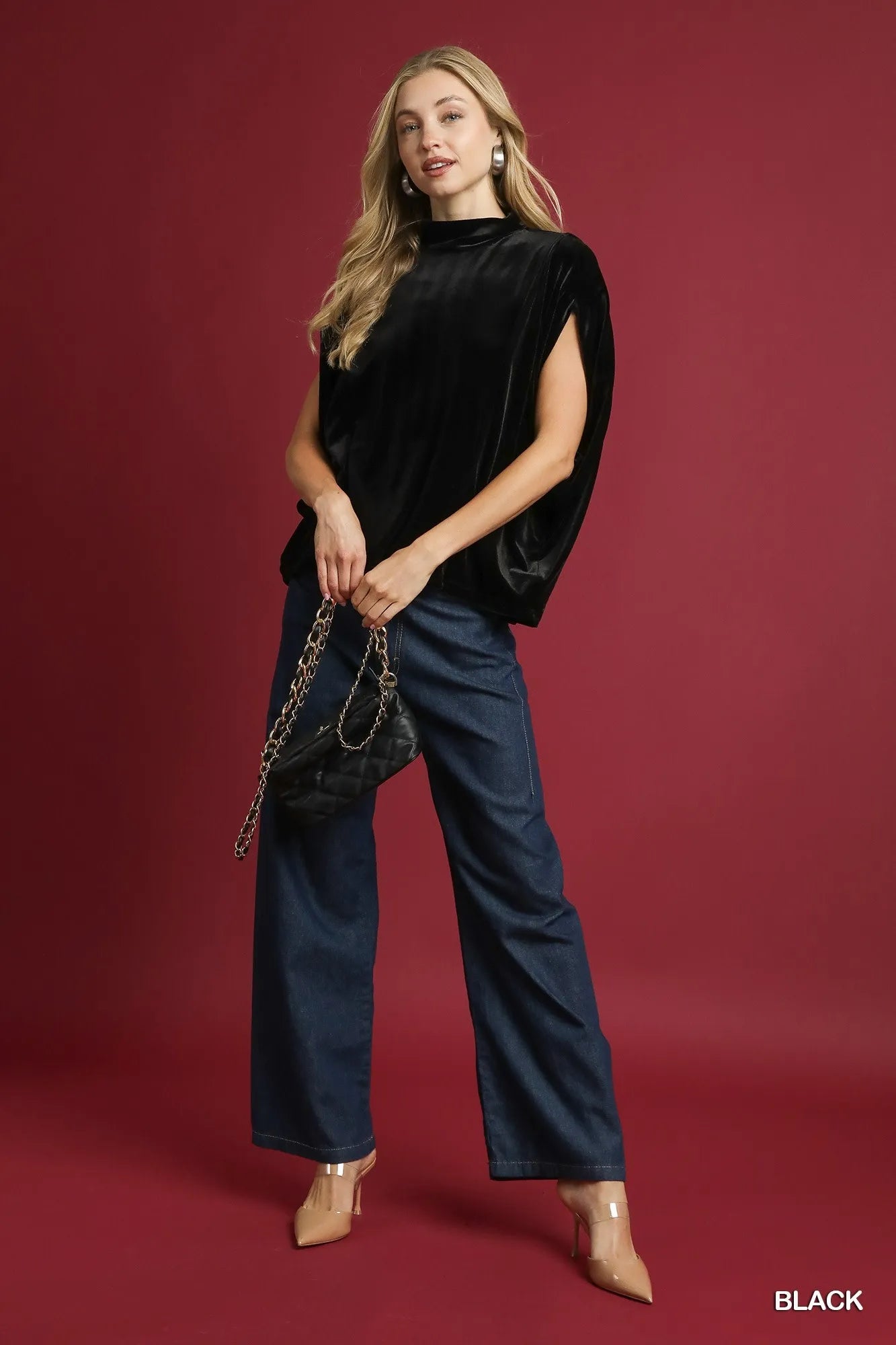 Umgee Velvet Mock Neck Sleeveless Blouse