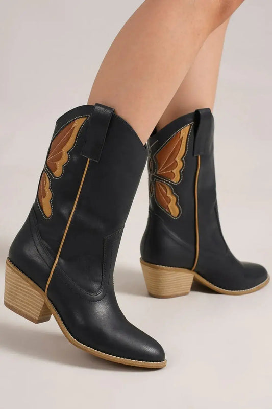 Beast Fashion Butterfly Cut Detail Point Toe Boots - Black / 6