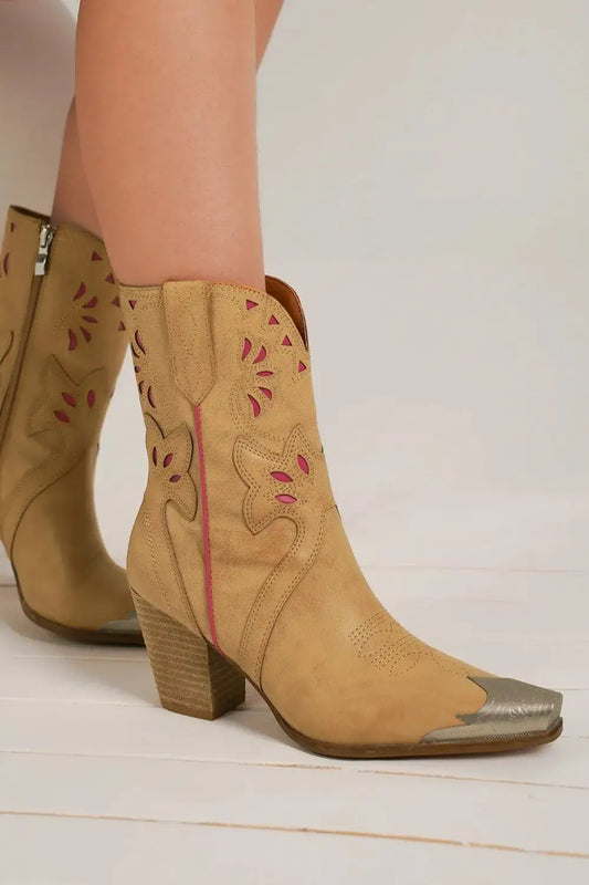 Beast Fashion Cut-Out Floral Embroidery Boots - Camel / 5.5