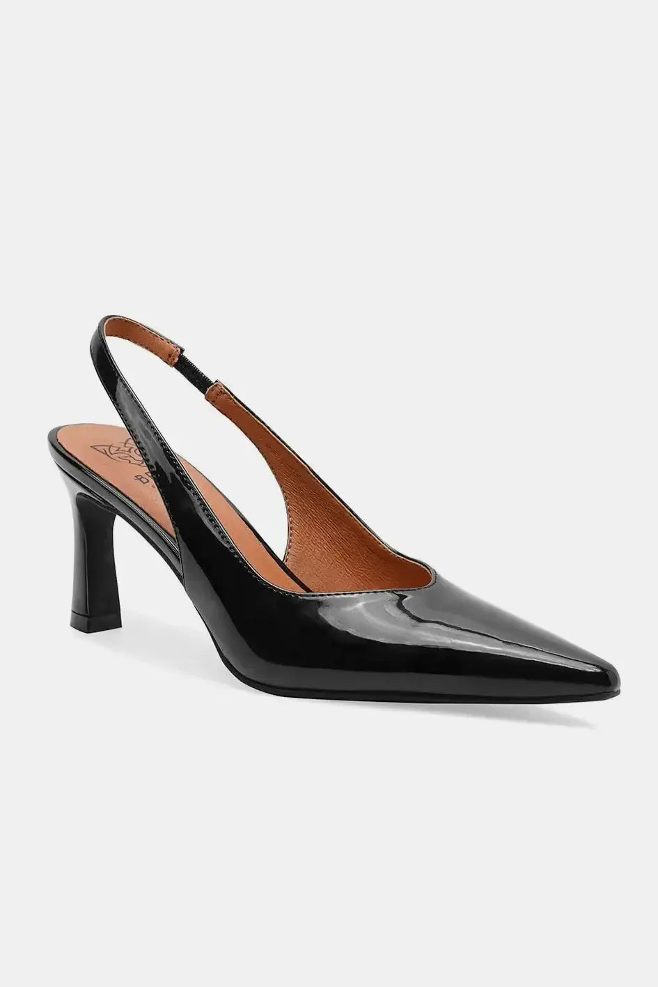 Black faux leather point toe slingback pumps with kitten heel and brown lining