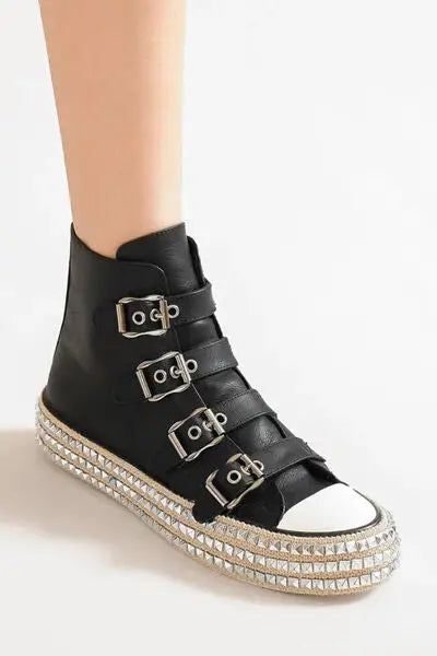 Beast Fashion Multi-Buckle Straps Studded Platform Sneakers - Multi-Buckle Straps Sneakers